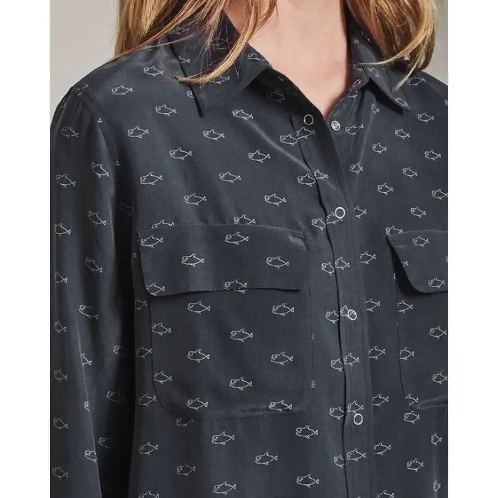 Adriano Goldschmied‎ Alena Silk Shirt Women's Sz L Navy Snap Fish Shark Print - Picture 2 of 11